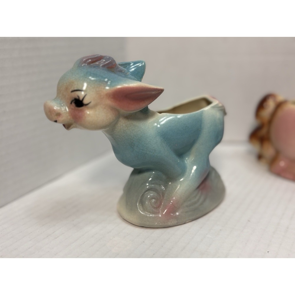 Vintage Blue Deer Fawn Ceramic‎ Planter Mid Century Baby Animal Nursery Pot